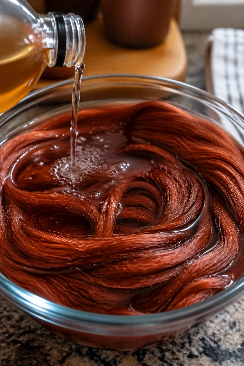 Auburn kanekalon strands soaking in water with vinegar