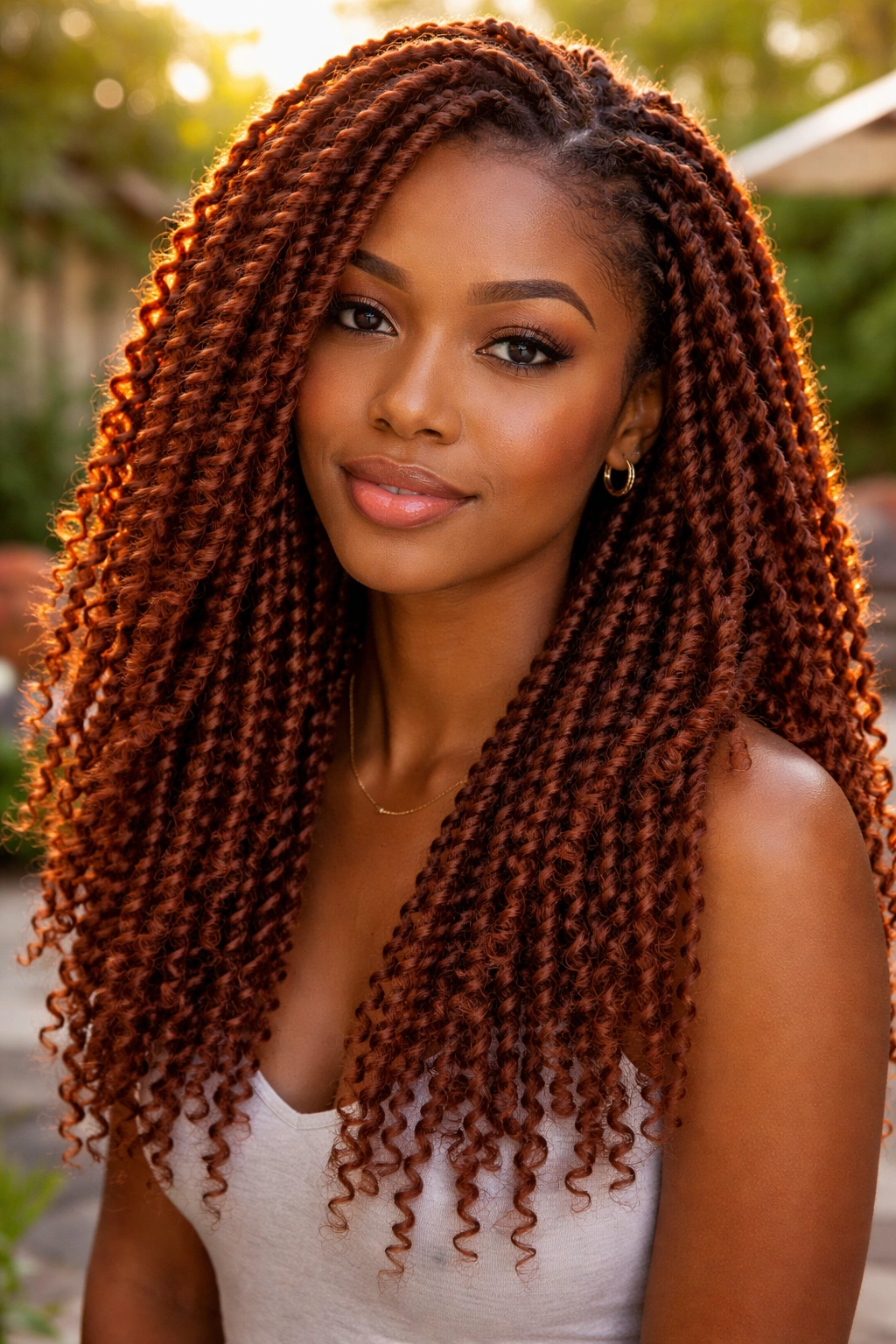 Close-up of auburn kinky twists on a real person outdoors