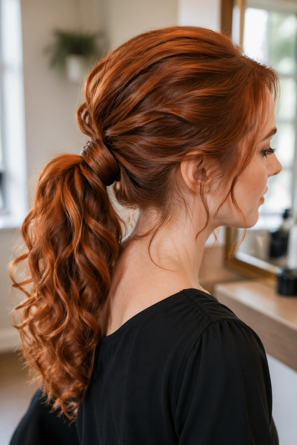 Close-up of a real woman with Auburn Loop-Through Ponytail and twisted base.