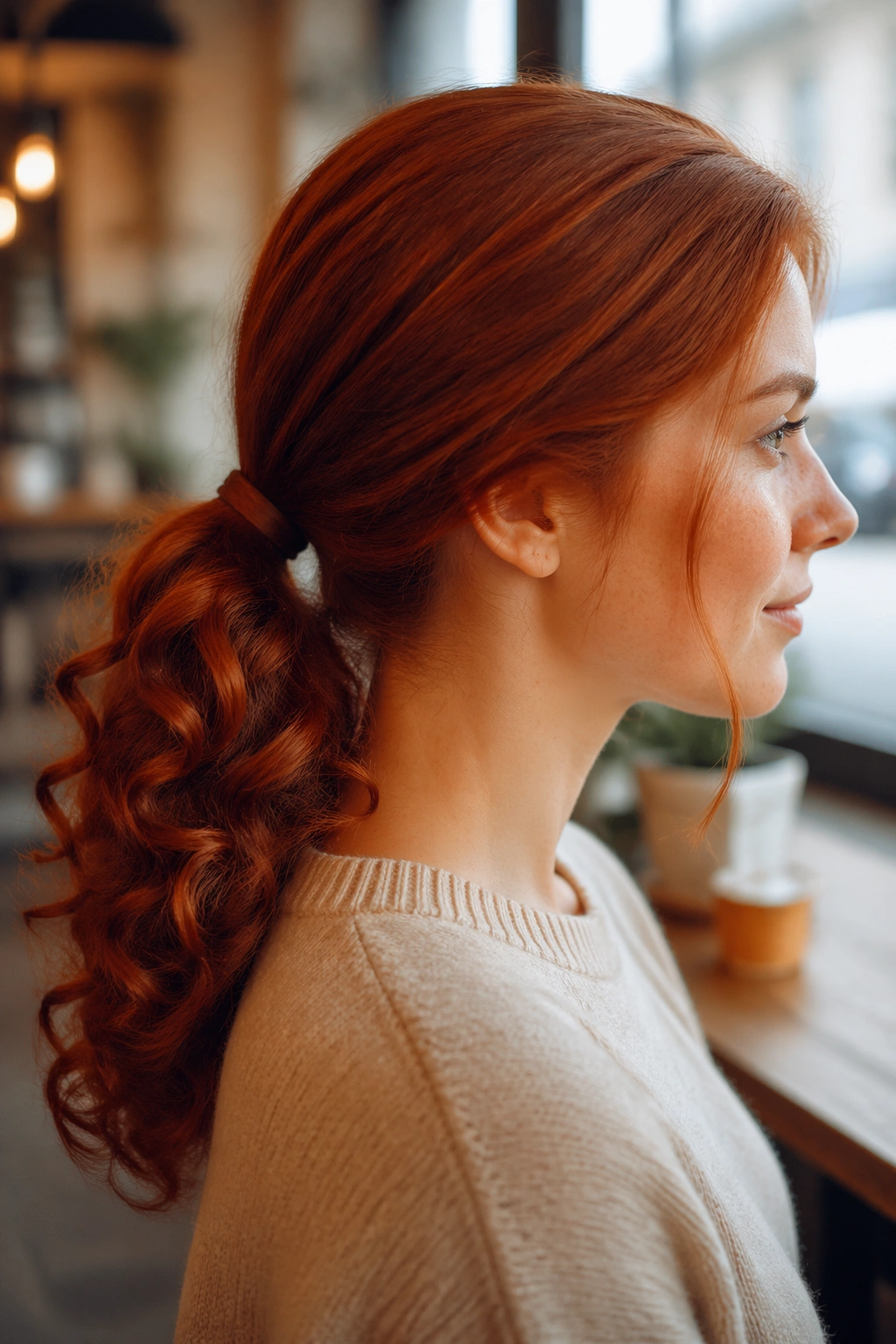 Side-profile of a real woman with an auburn low-nape ponytail and curly ends in cafe daylight