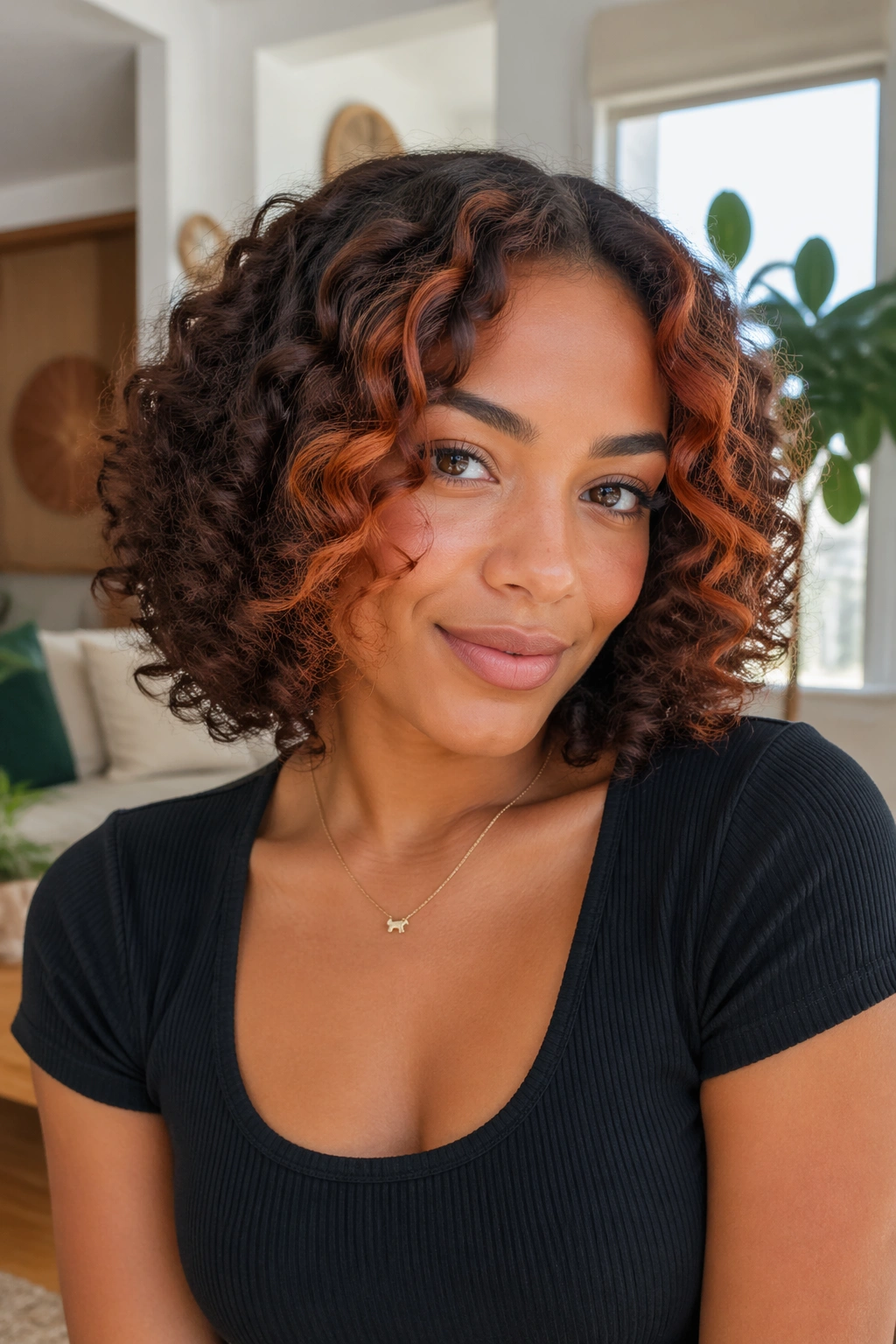 Real woman with auburn money piece on curly bob in natural light