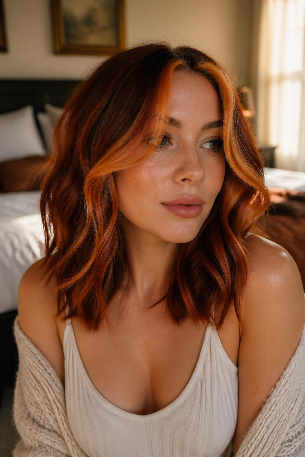 Close-up of auburn money piece waves on a real woman with face-framing front highlights