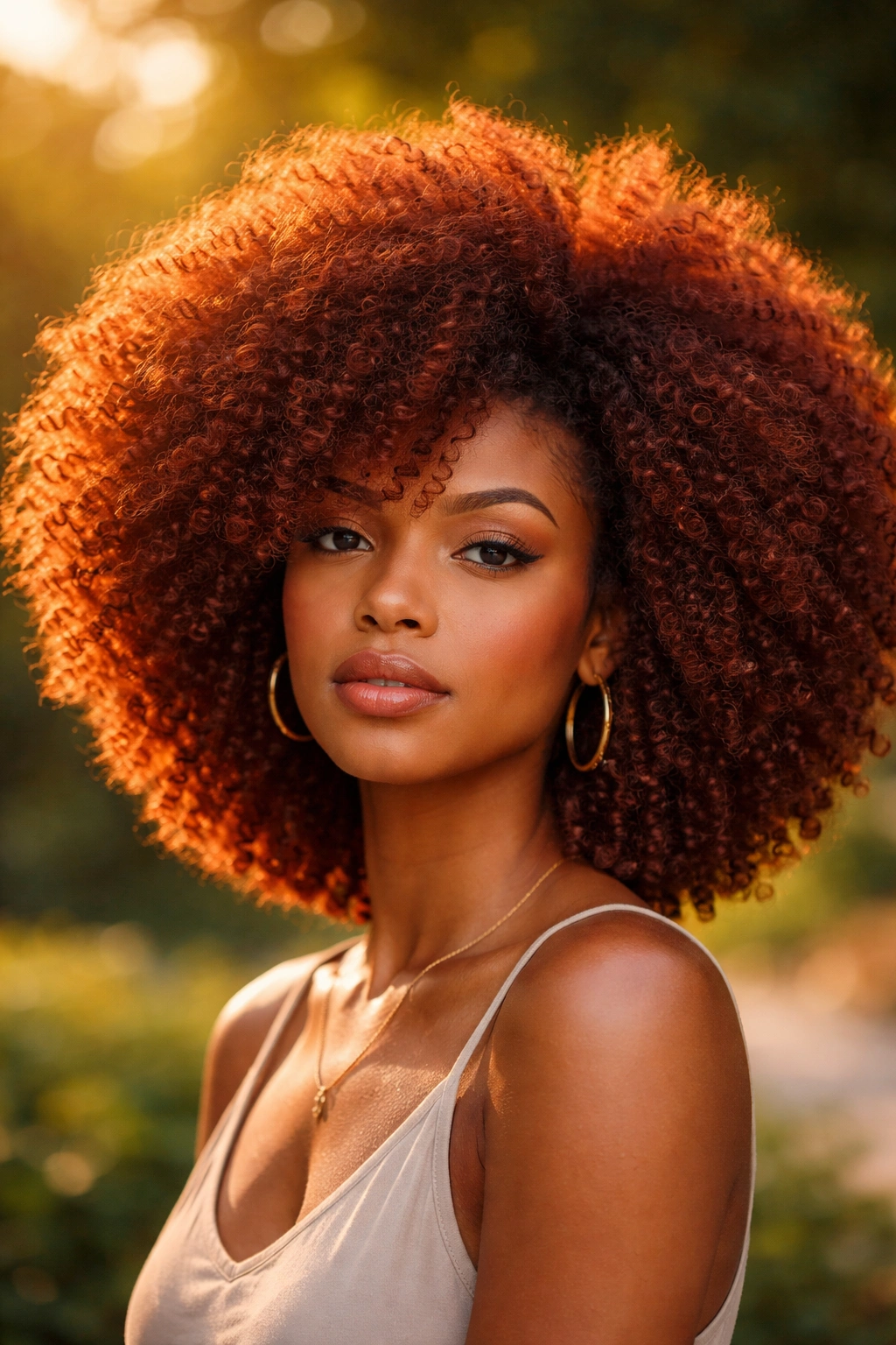 Close-up of a real woman with auburn natural Afro in golden hour light
