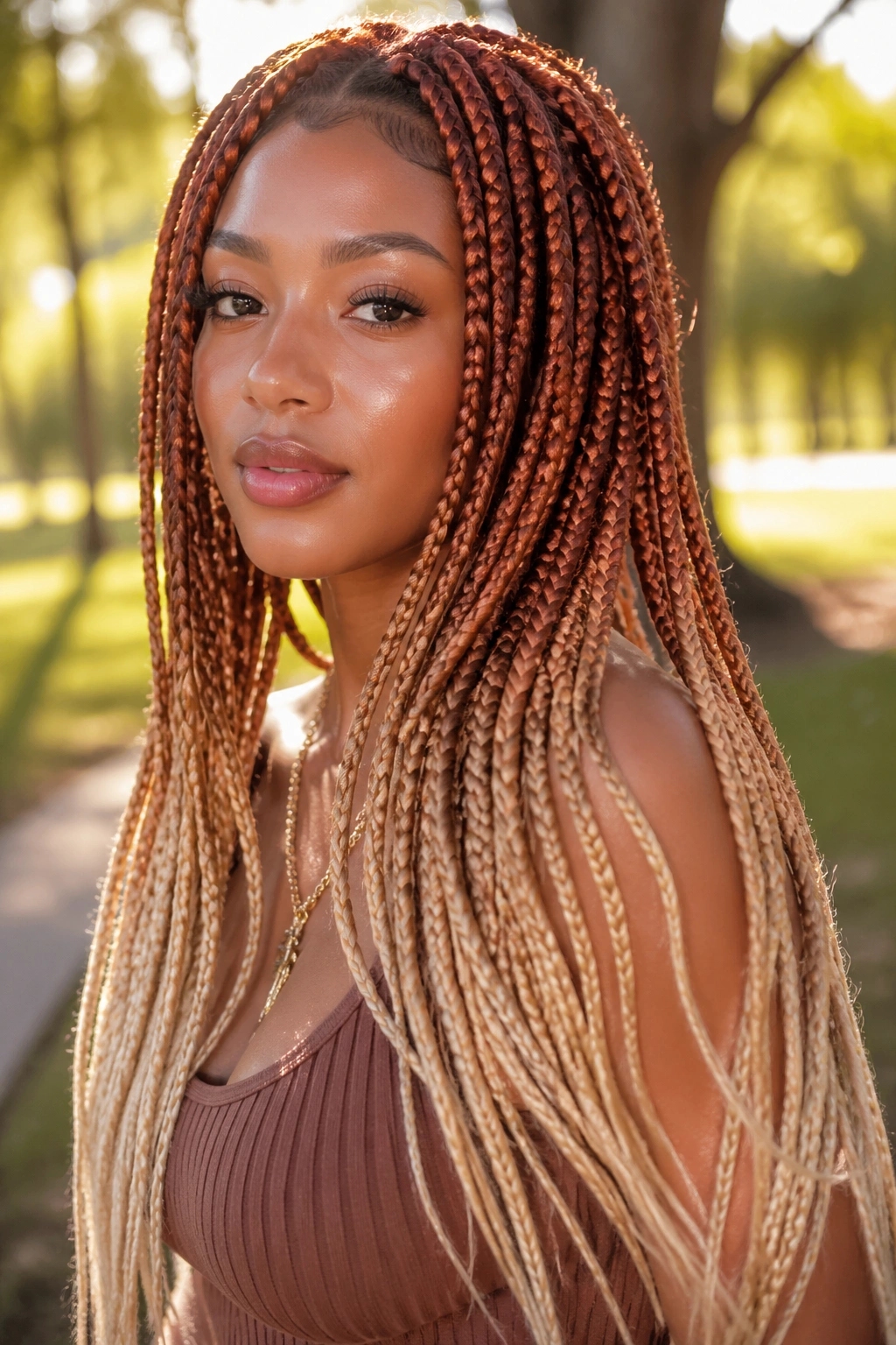 Real person with auburn to blonde ombre box braids outdoors