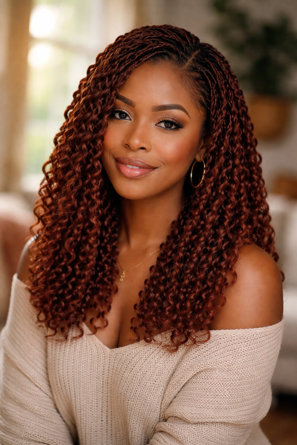 Close-up of a real woman with auburn passion twists at collarbone length in natural window light