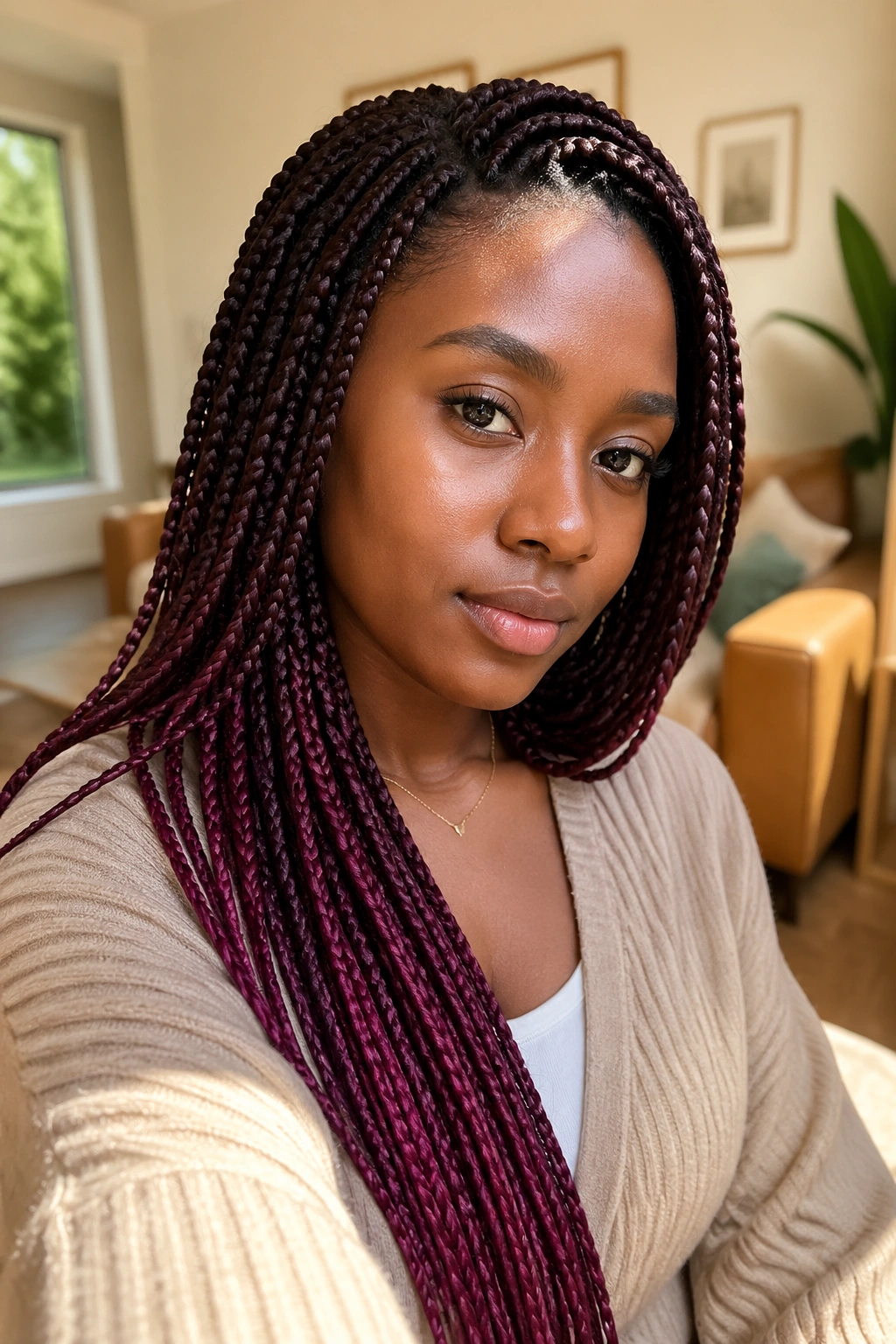 Real woman with auburn-to-plum box braids in warm home interior