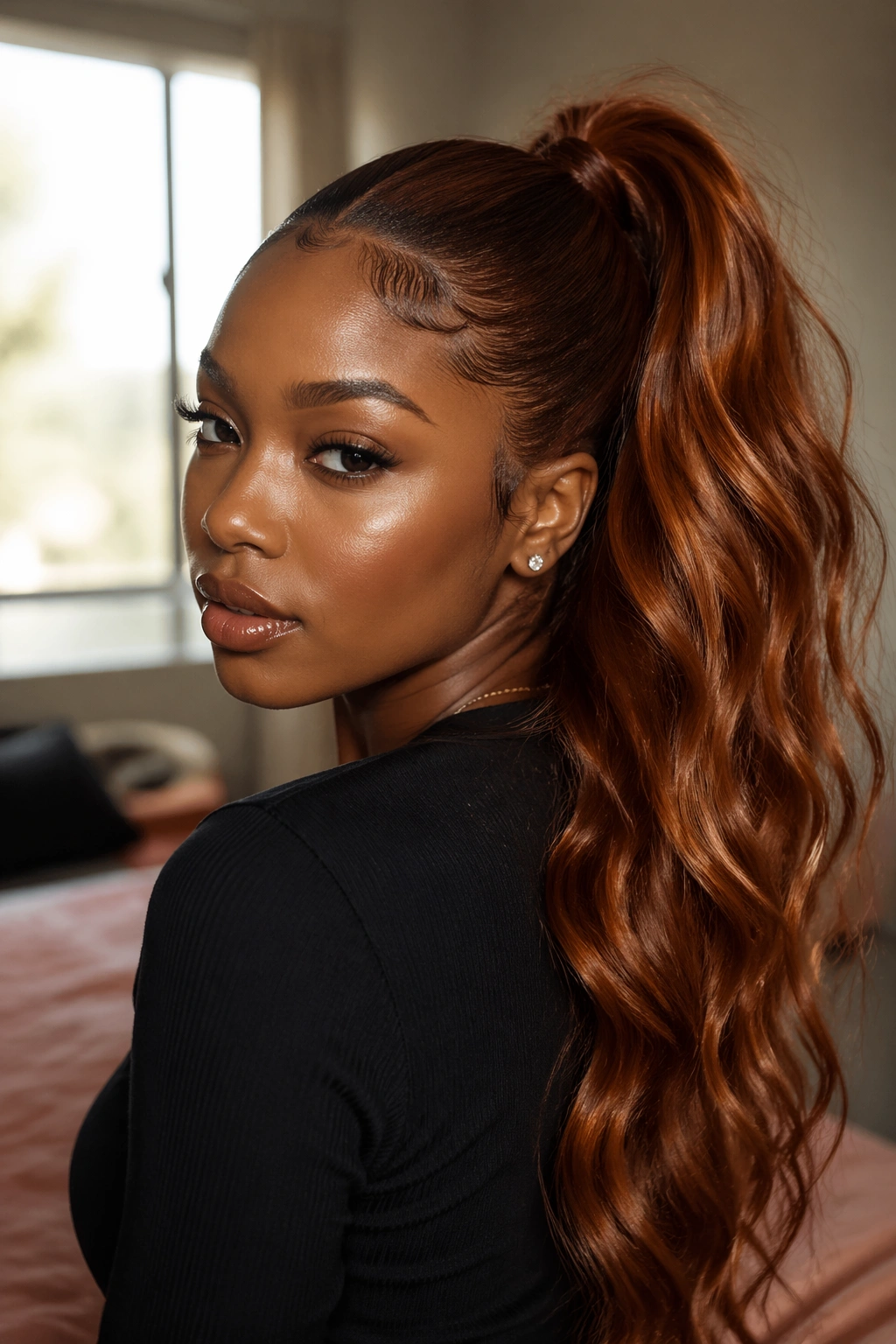 Close-up of a real woman with auburn wavy ponytail in sunlit bedroom