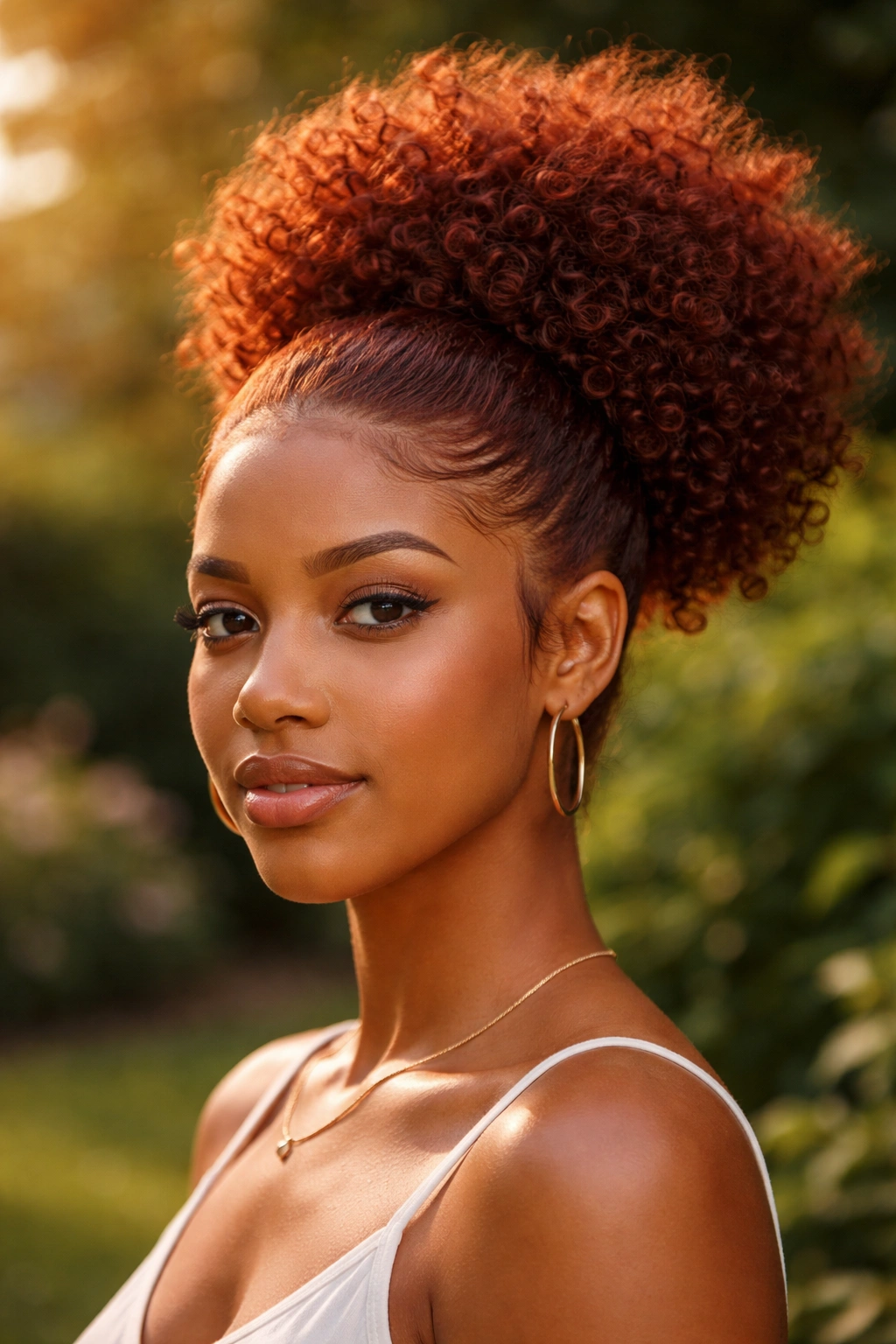 Close-up of a real woman with auburn puff and defined edges in a sunlit garden