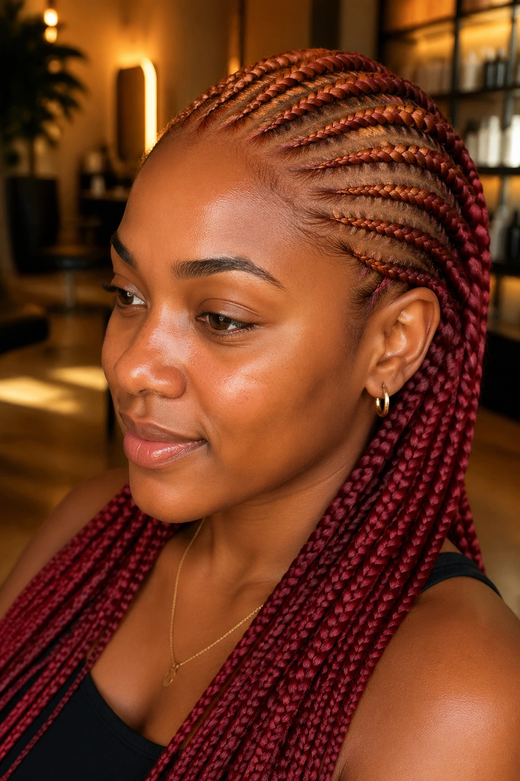 Close-up of a real person with copper-root auburn cornrows