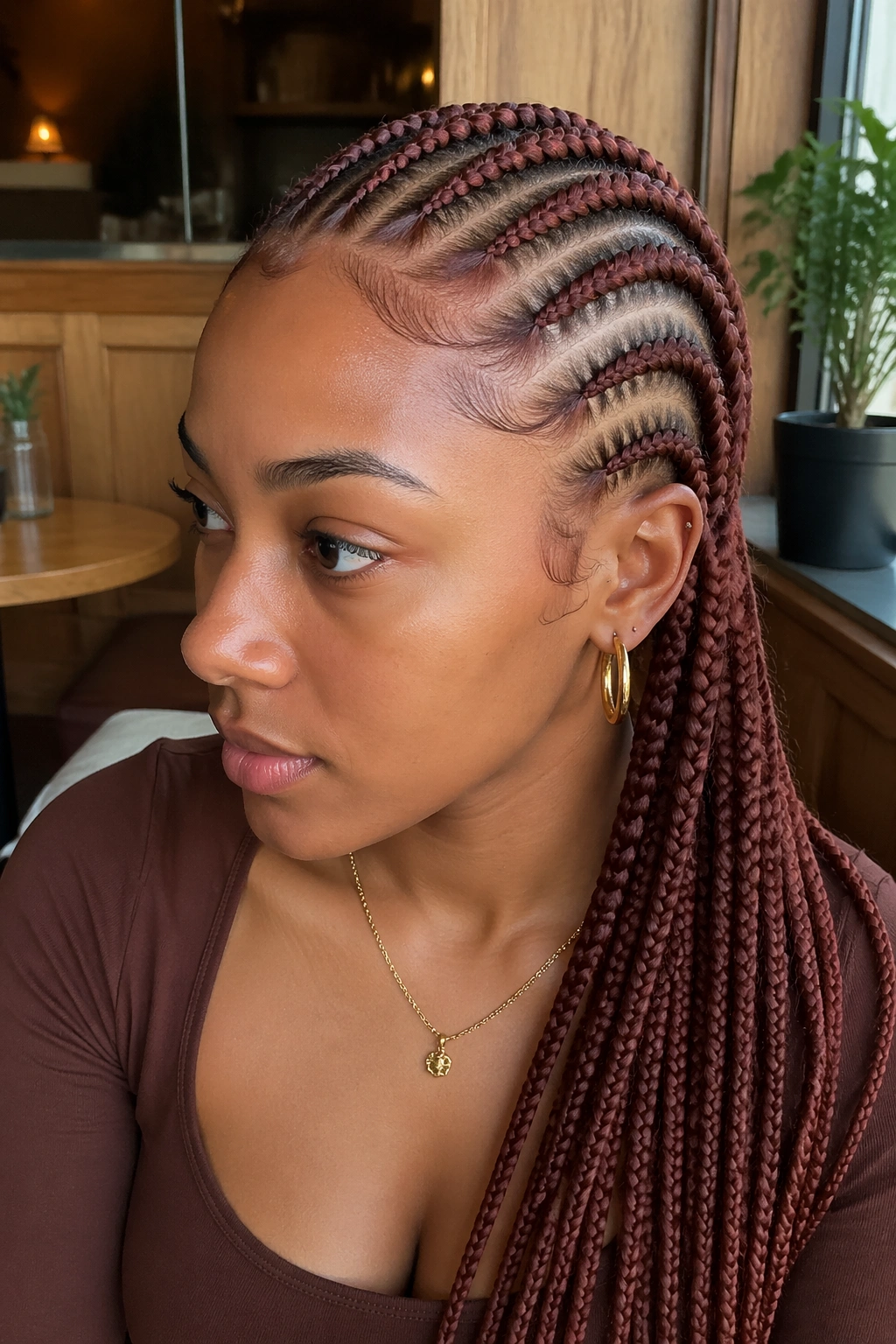 Portrait of a real person with auburn red feed-in cornrows that look natural.