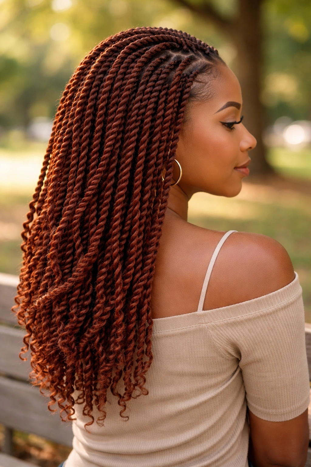Medium-length auburn Senegalese twists on a real person outdoors