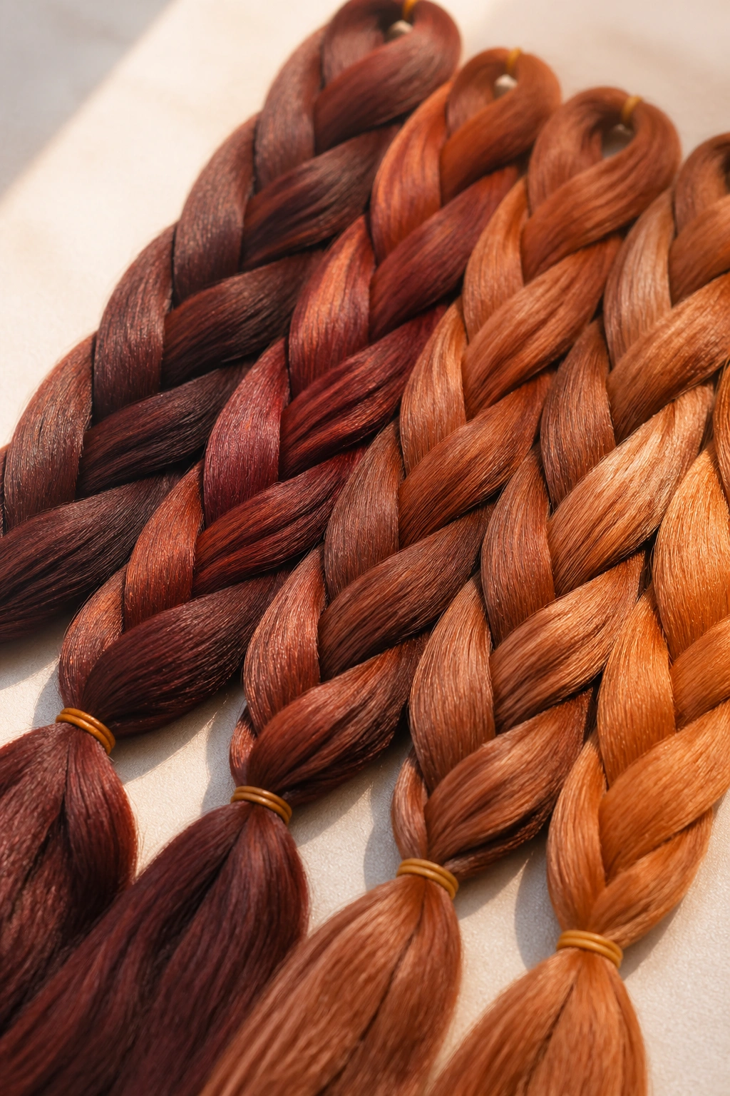 Close-up of auburn kanekalon color swatches on a color card