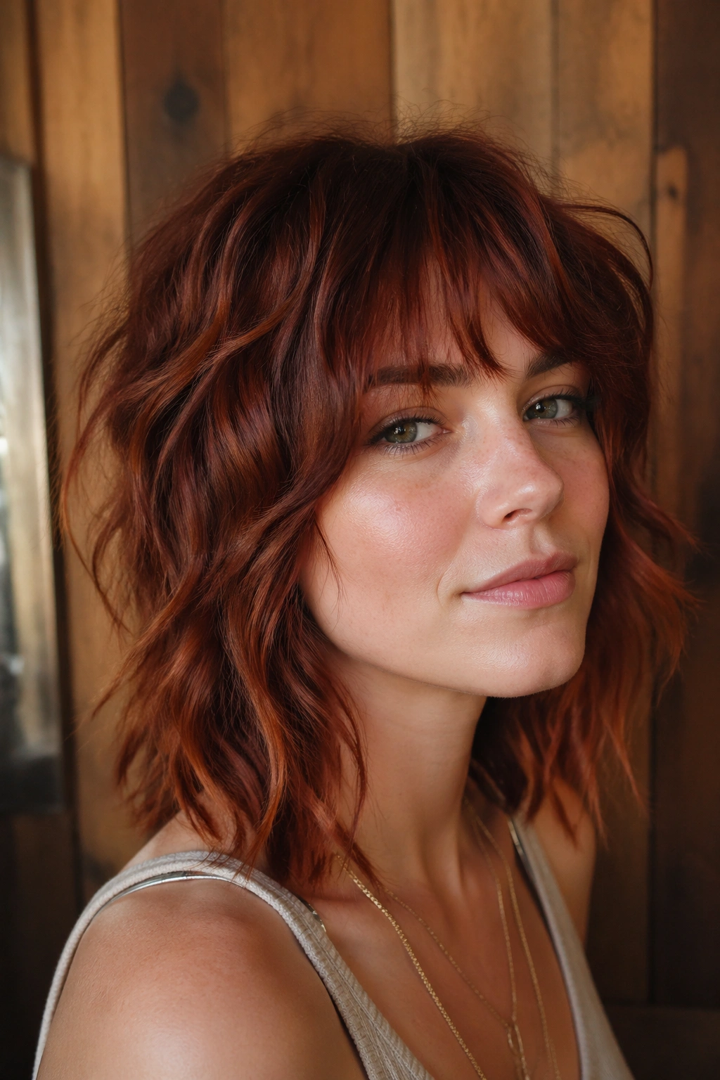 Close-up of a woman with auburn shag and choppy ends on shoulder-length hair