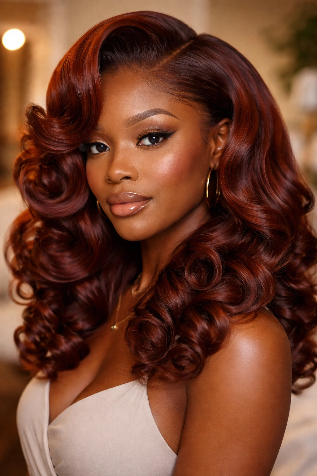 Portrait of a Black woman with auburn silk-pressed hair in pin curls.