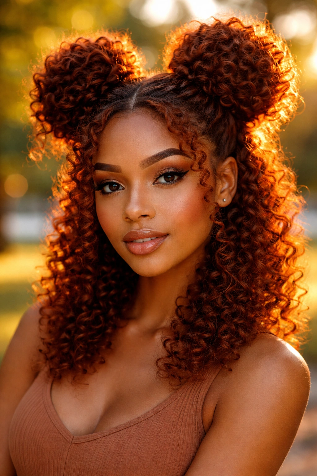 Close-up of a real woman with auburn space buns in golden hour park light