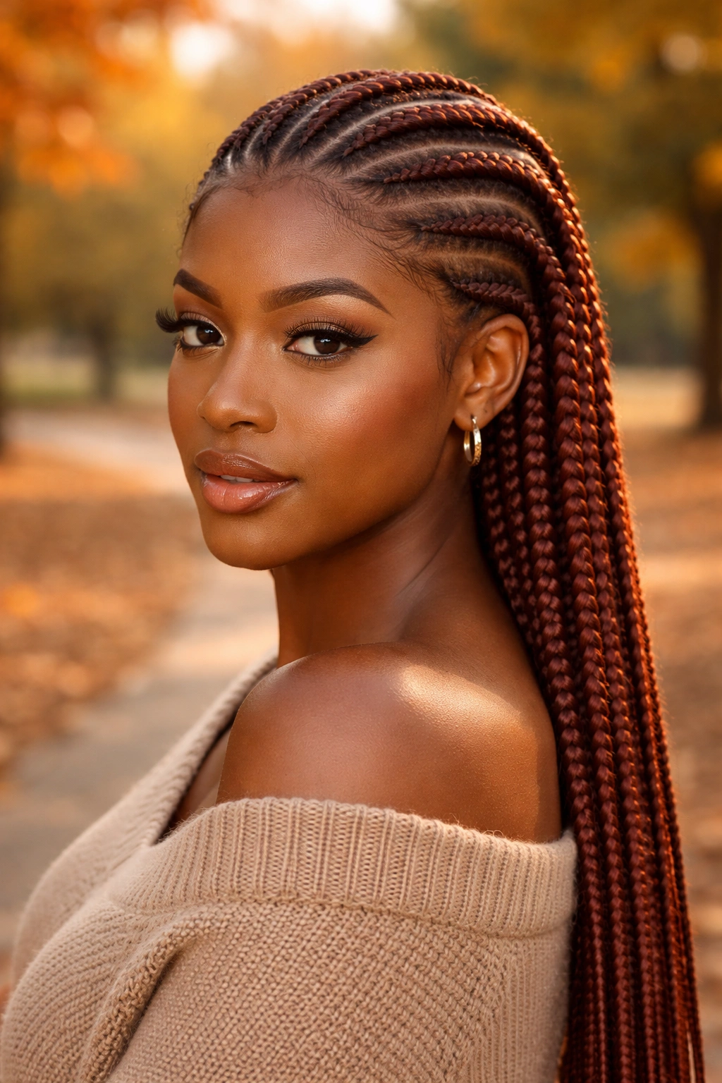 Portrait of a real woman with auburn stitch cornrows