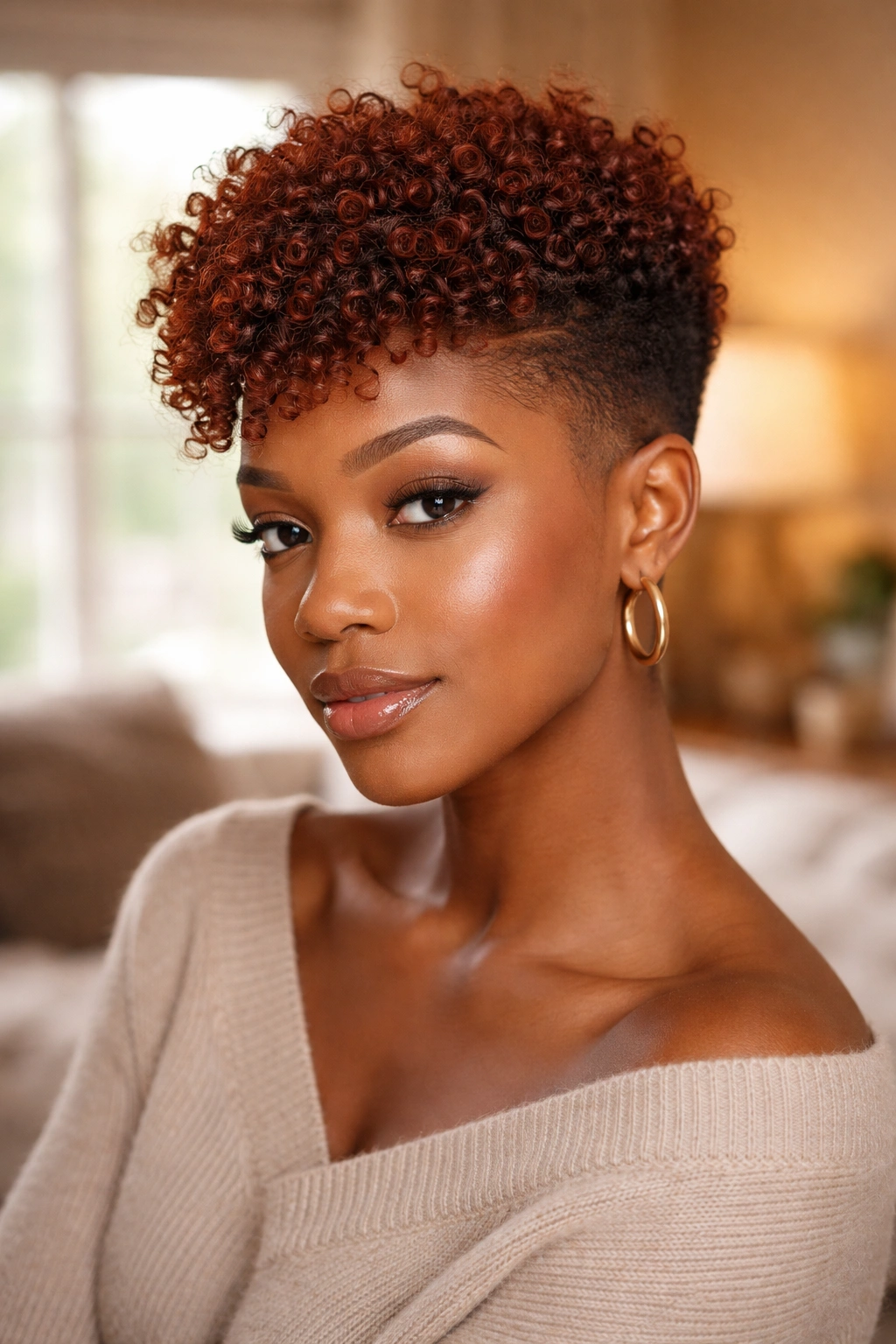 Close-up portrait of a woman with an Auburn Tapered Cut in a cozy bedroom
