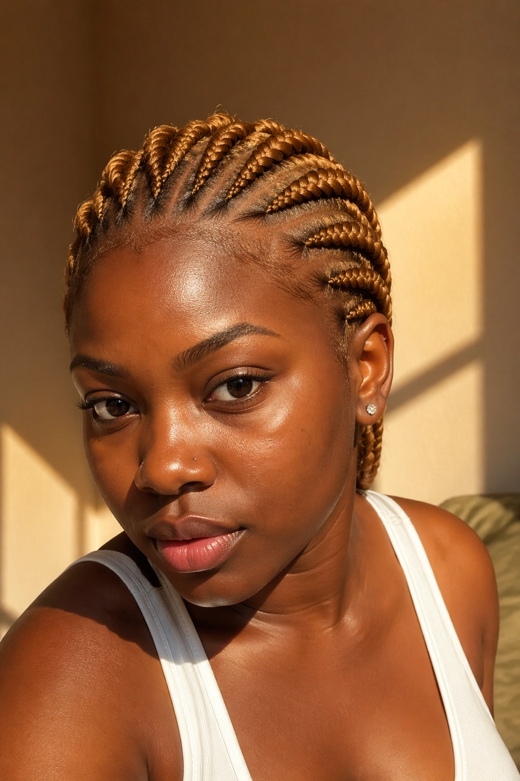 Close-up of a real woman with auburn-tinted blonde cornrows in warm light