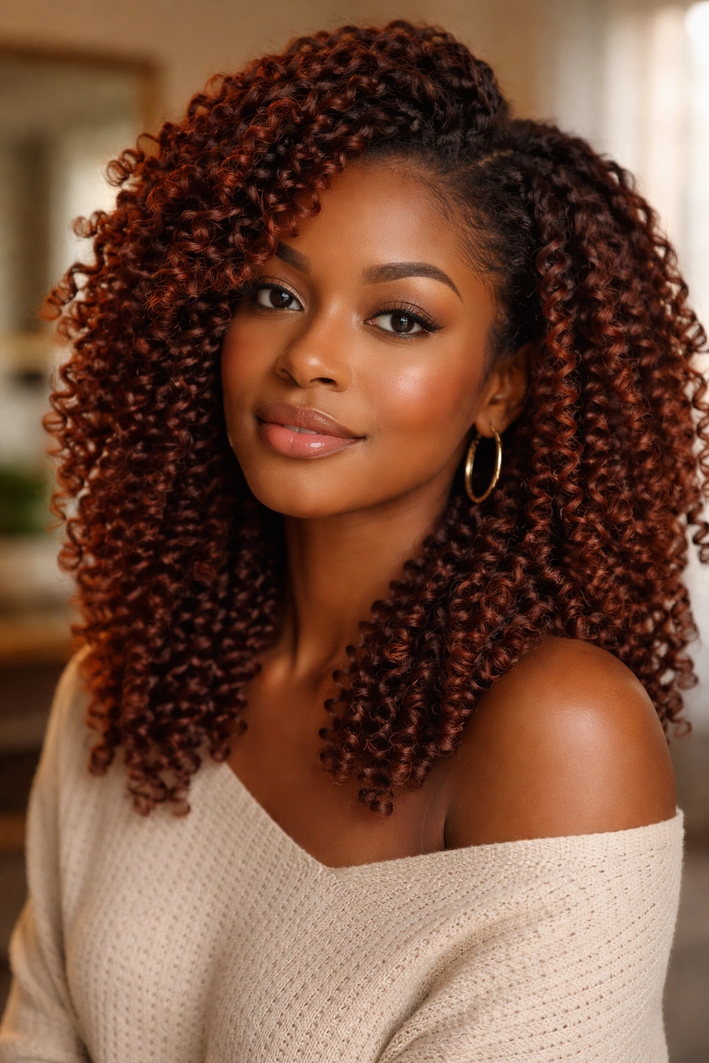Close-up portrait of a person with auburn twist-out under warm indoor light