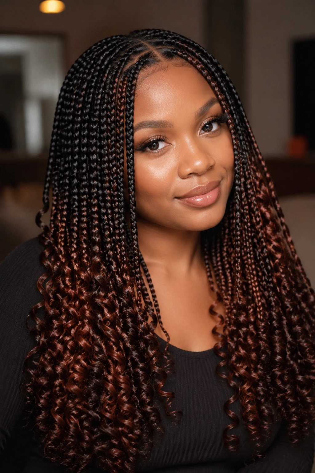 Close-up of knotless box braids with auburn peekaboo color visible on the lower half.