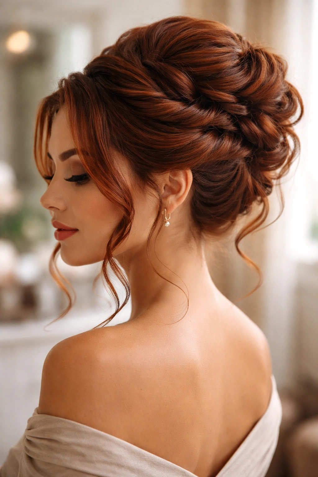 Close-up of a real woman with auburn updo and twisted elements in soft window light