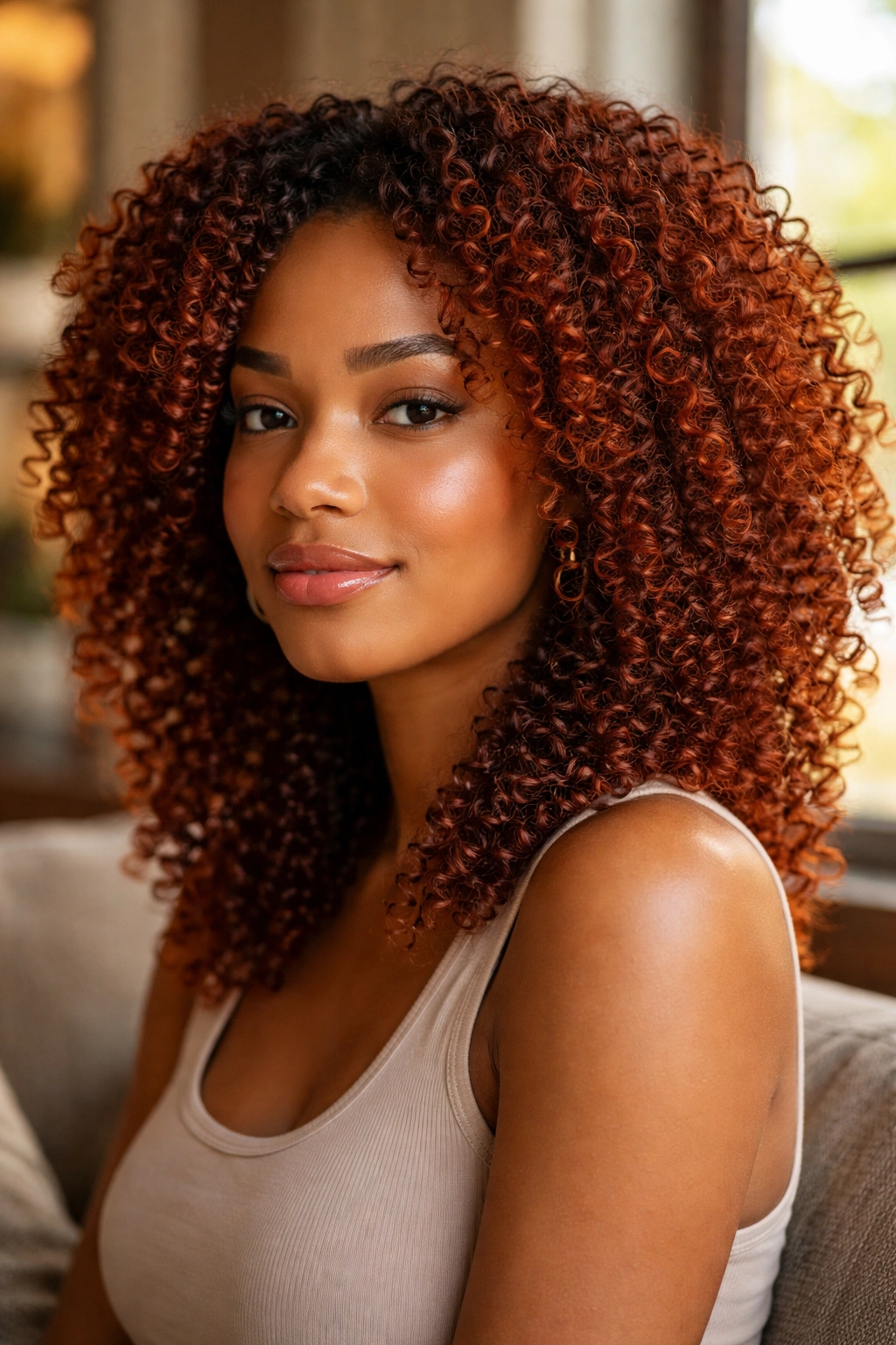 Close-up of a person with auburn wash-and-go curls catching sunlight