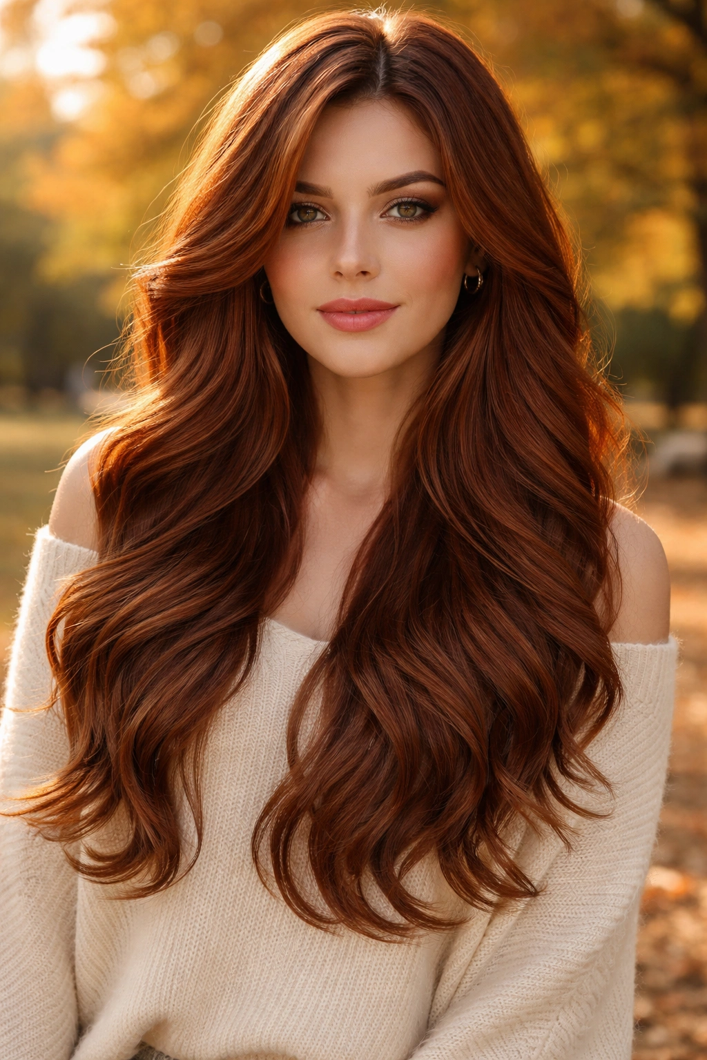 Close-up portrait of a real woman with auburn waterfall layers.