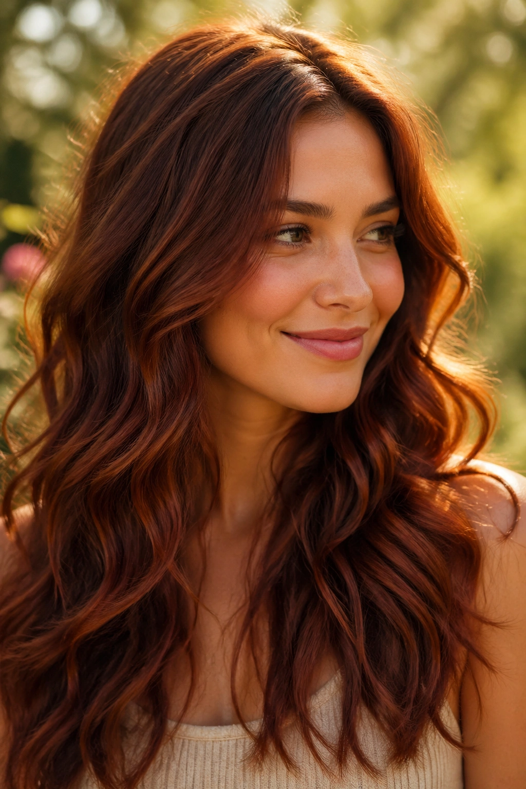 Close-up of a real woman with auburn wavy hair catching sunlight