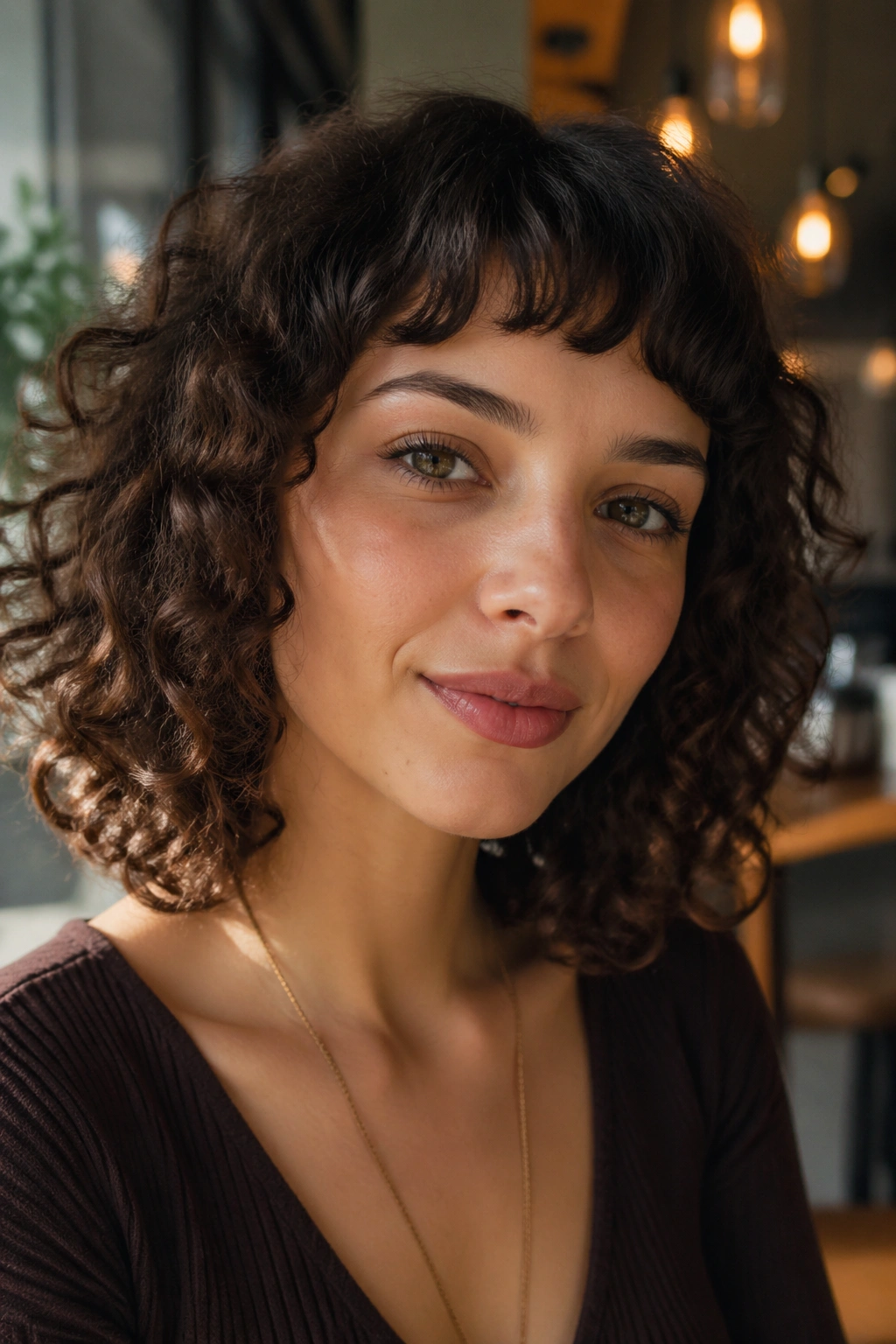 Real woman with baby bangs and curly hair in a cafe setting.