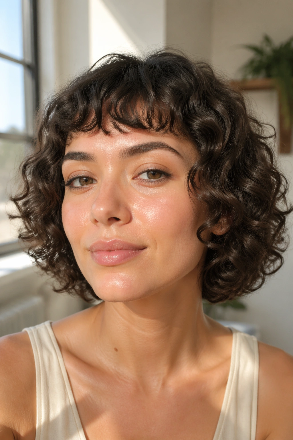 Close-up portrait of a real woman with baby bangs and round curls