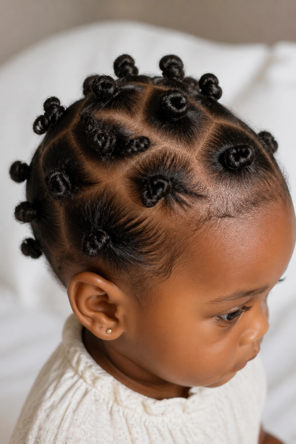 Toddler head showing multiple tiny bantu knots across the crown