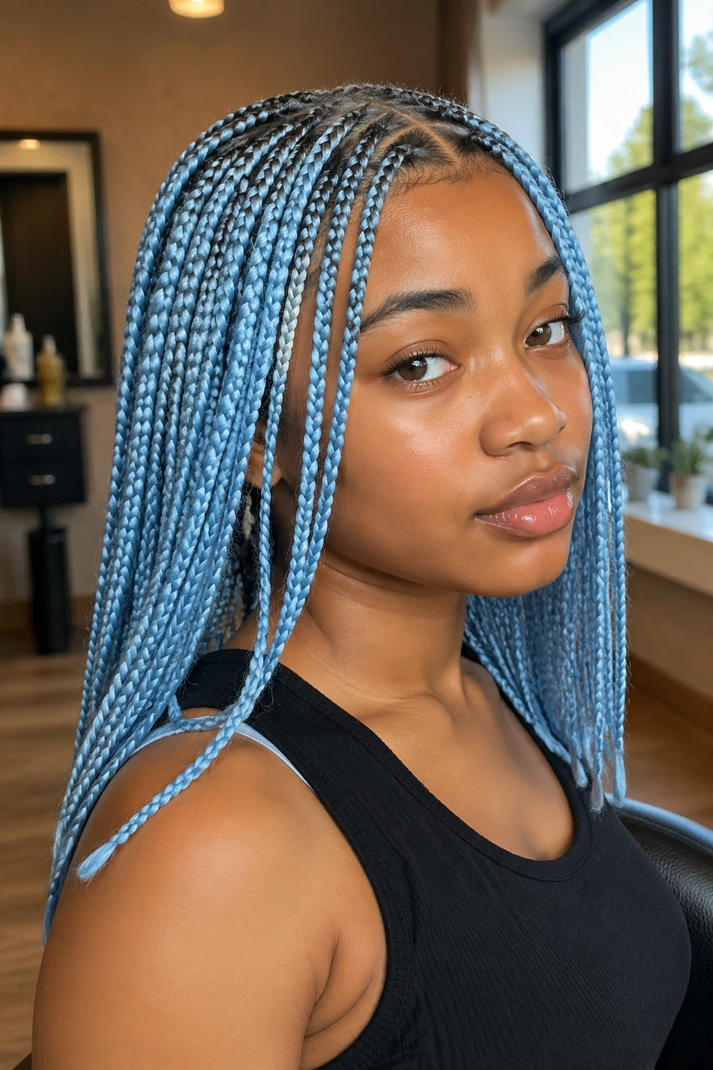 Close-up of a real woman's baby blue box braids in a salon setting