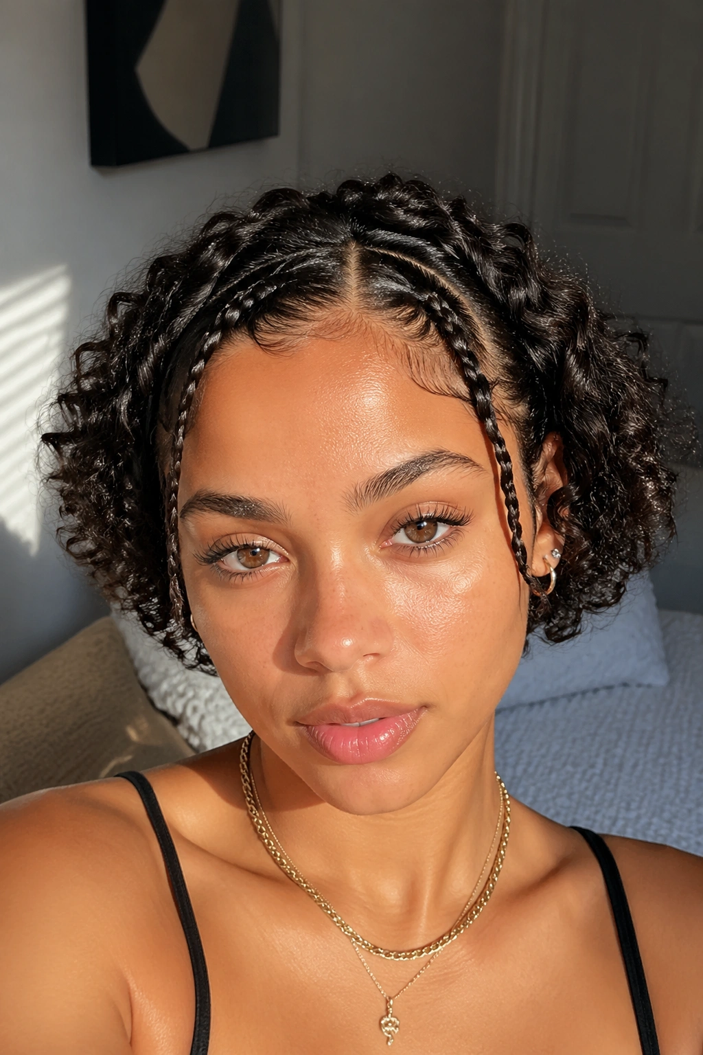 Portrait of a real person with two skinny baby braids along the hairline.