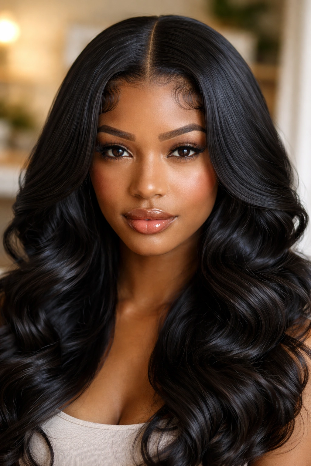 Real woman with baby curl edges on a silk-pressed middle-part style.
