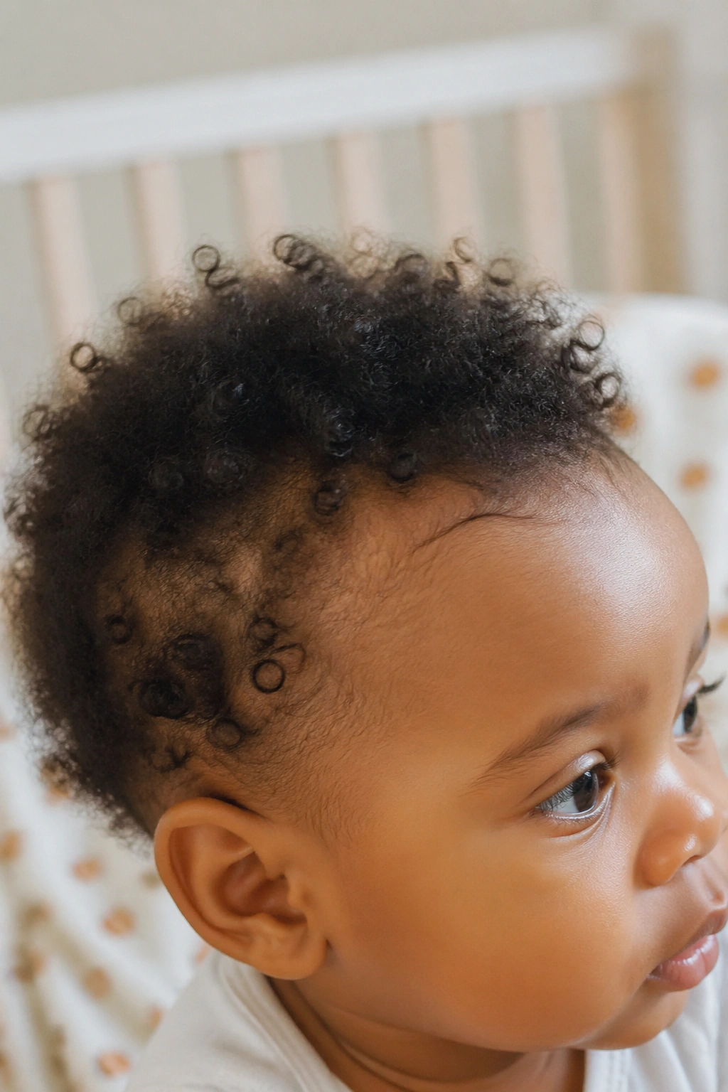 Close-up of a baby's hair showing different curl textures in a nursery
