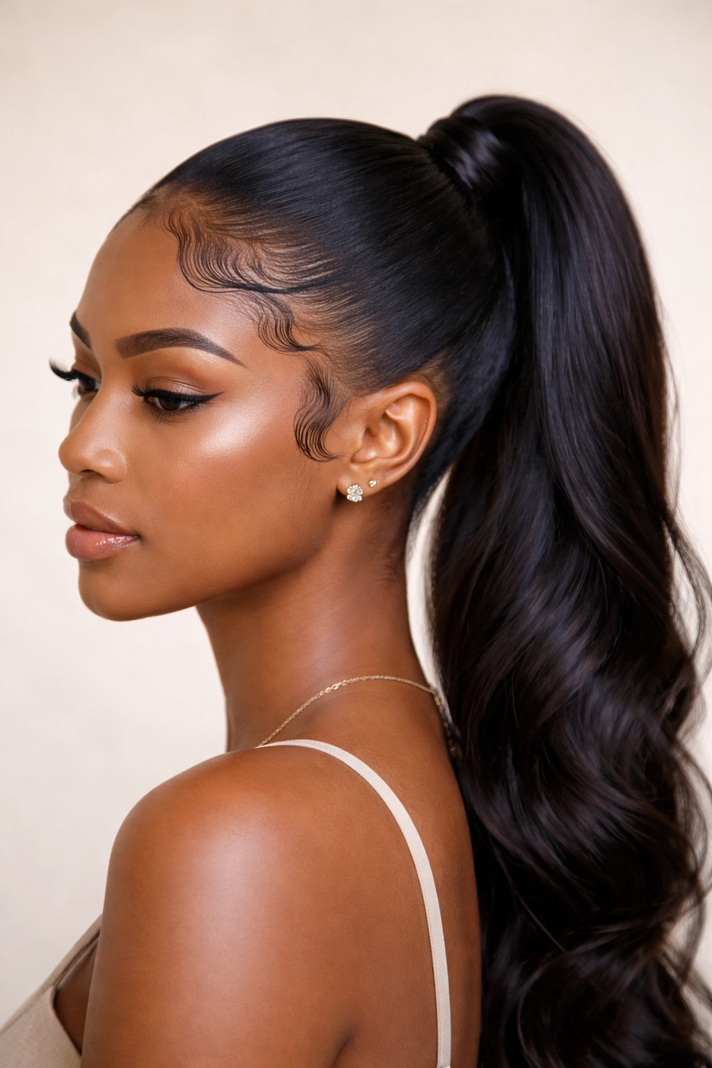 Ponytail featuring subtle baby hair swirls along the hairline with a smooth, polished look