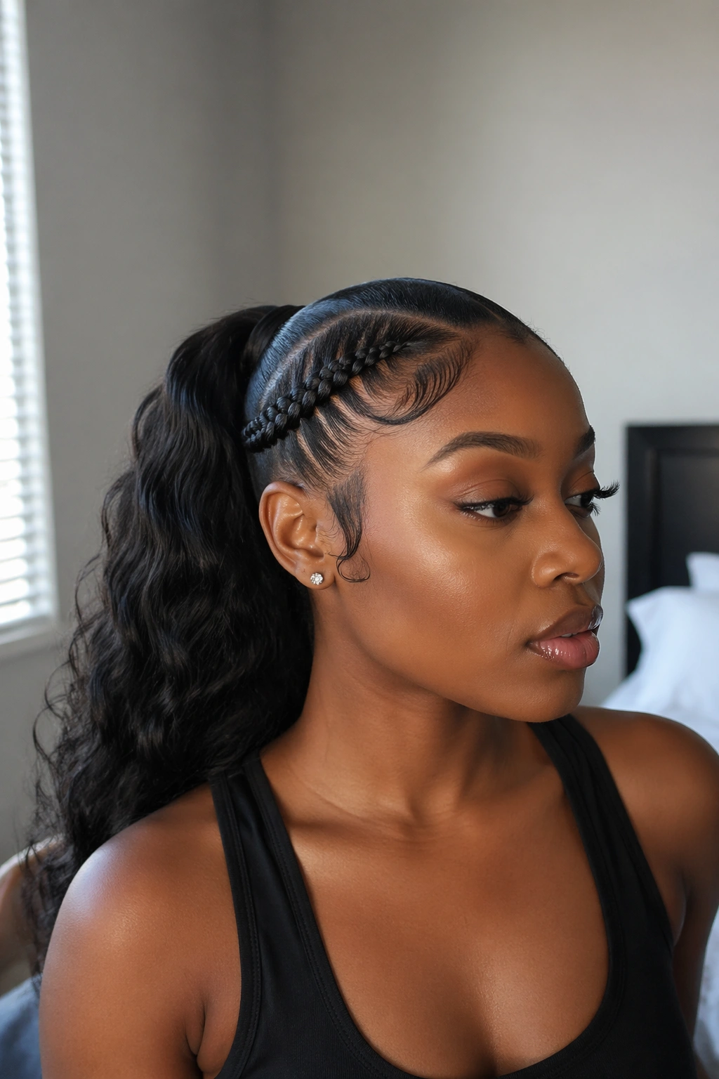 Real woman with subtle swooped baby hairs around a side stitch ponytail