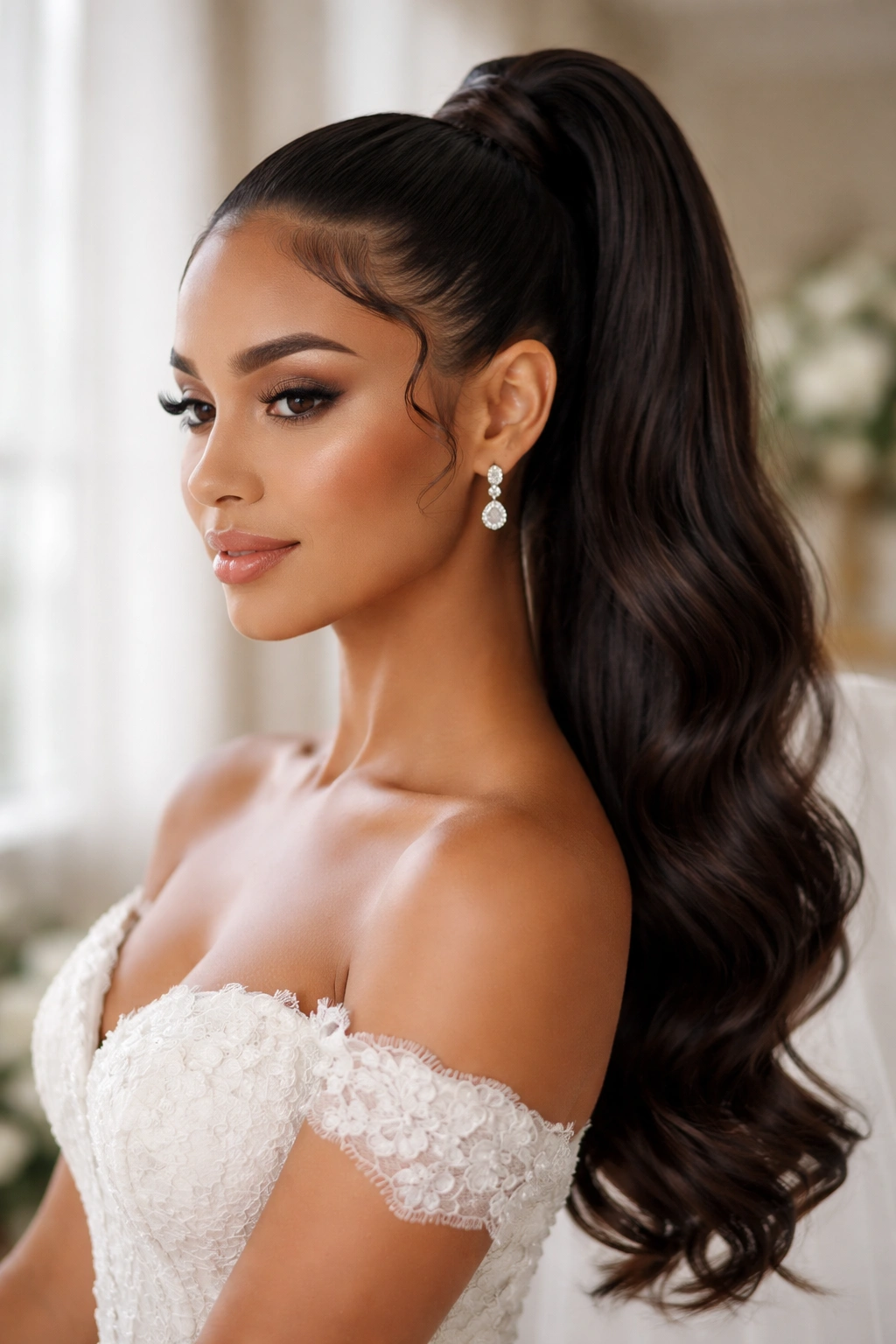 Bride with defined baby hairs and clean edges on a high ponytail.