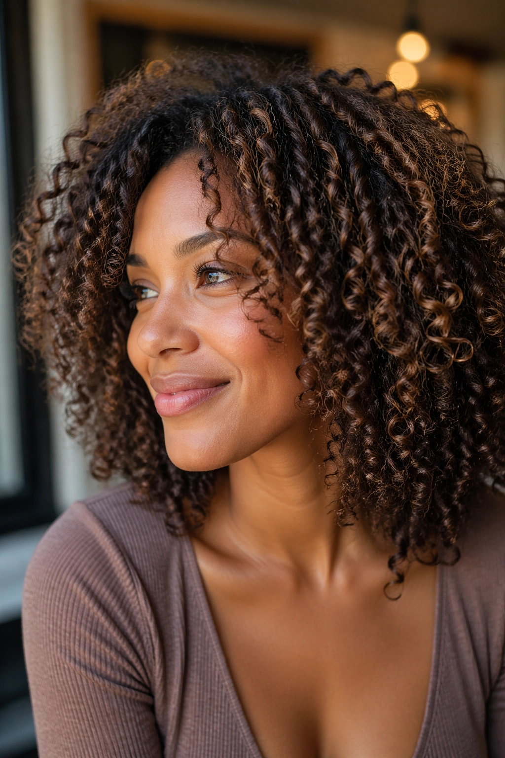 Close-up of real person with subtle babylights caramel on natural curls in a cozy salon