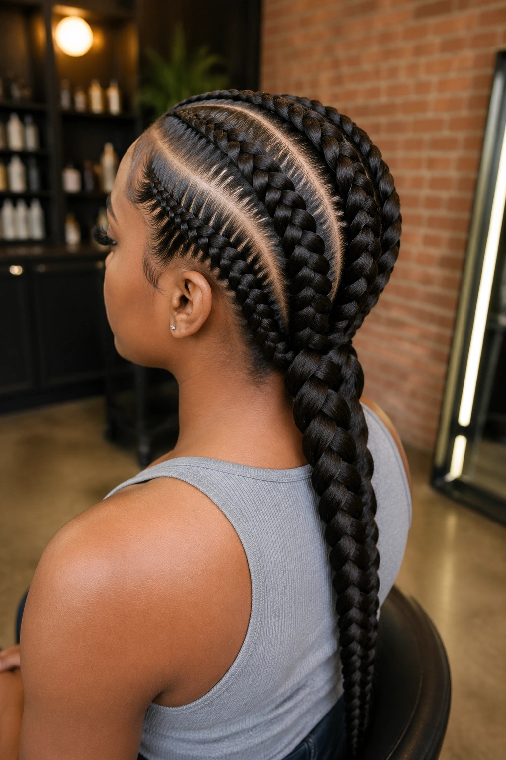Three-quarter view of big cornrows forming a single thick back braid