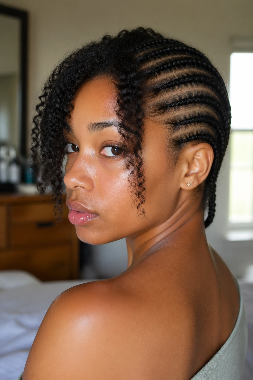 Close-up of a real person with back cornrows and loose front hair framing the face
