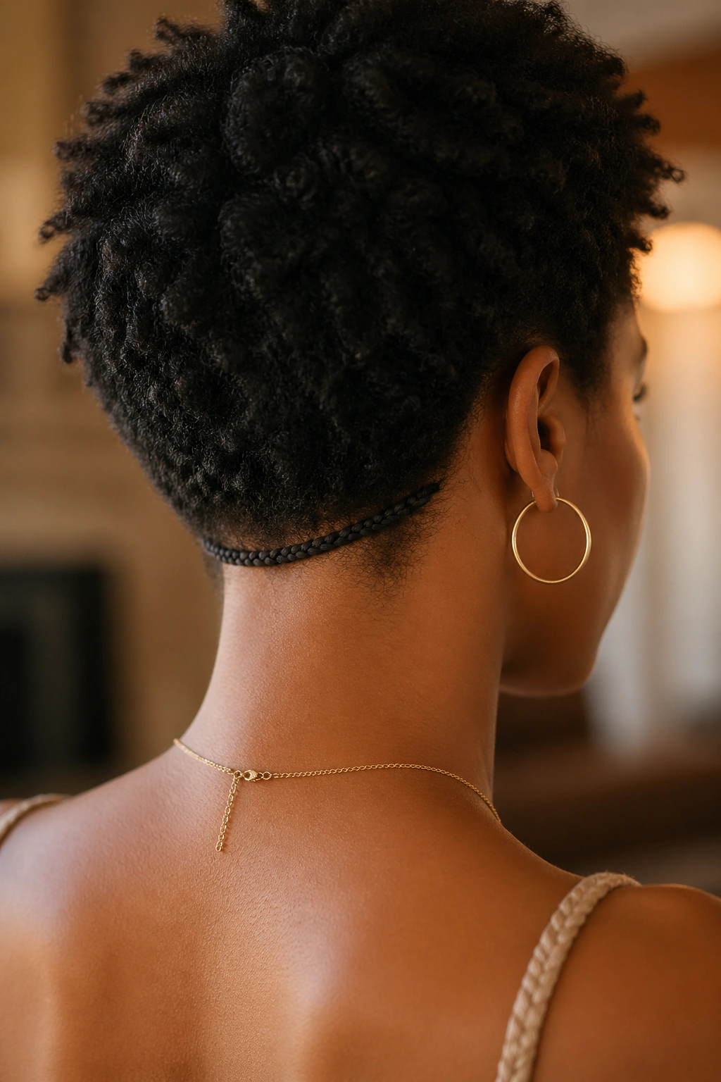 Rear close-up of a real woman with a thin braid along the back hairline