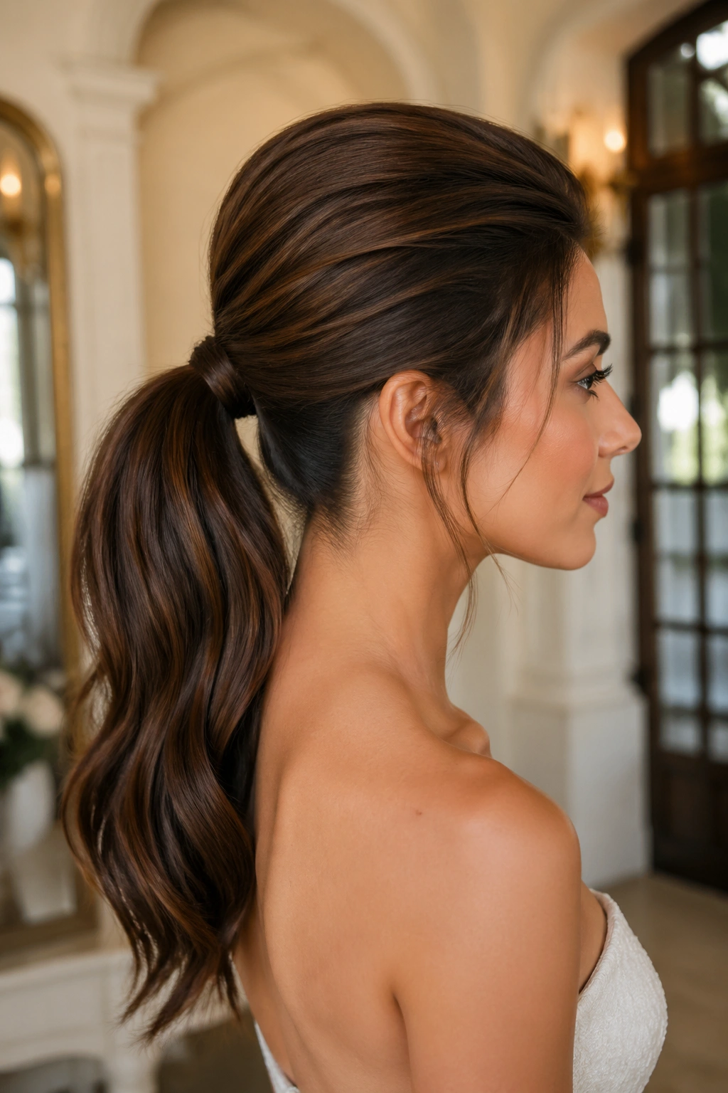 Close-up of a woman with soft backcombed crown and ponytail