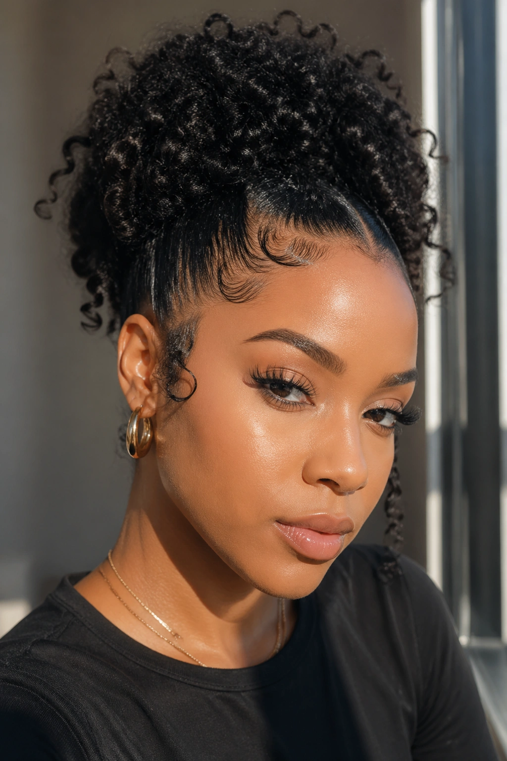 Close-up portrait of a real woman with natural curls and laid edges showcasing the baddie aesthetic