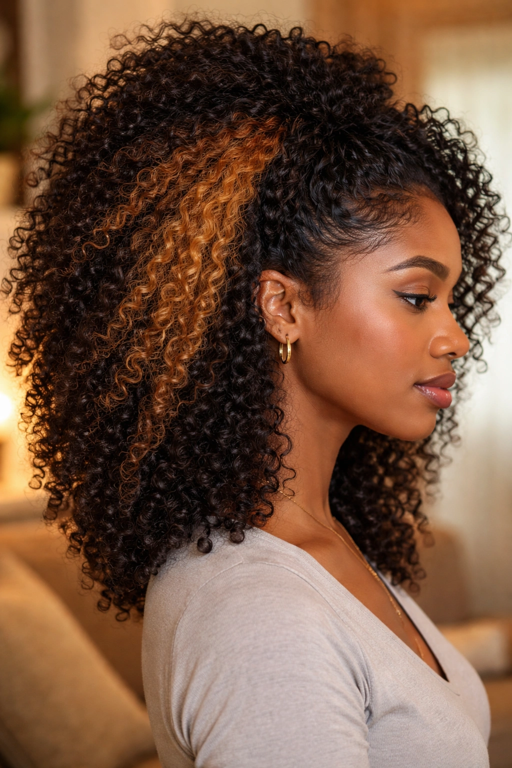 Real woman's hair showing color-blocked balayage with caramel and dark sections