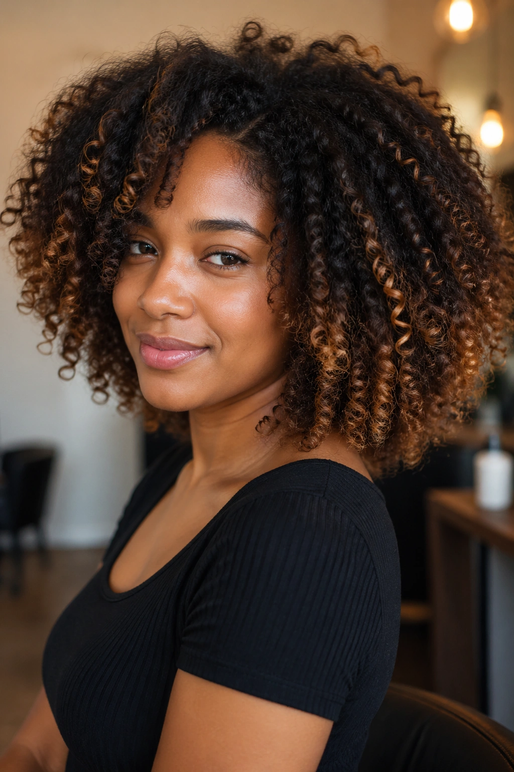 Close-up of curly hair with balayage-style highlights on outer curls