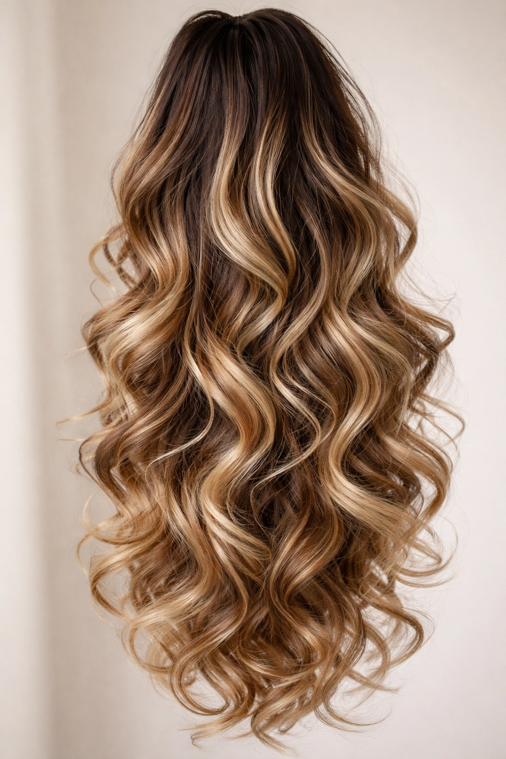 Balayage curly extension with dark roots fading to lighter ends against a neutral backdrop