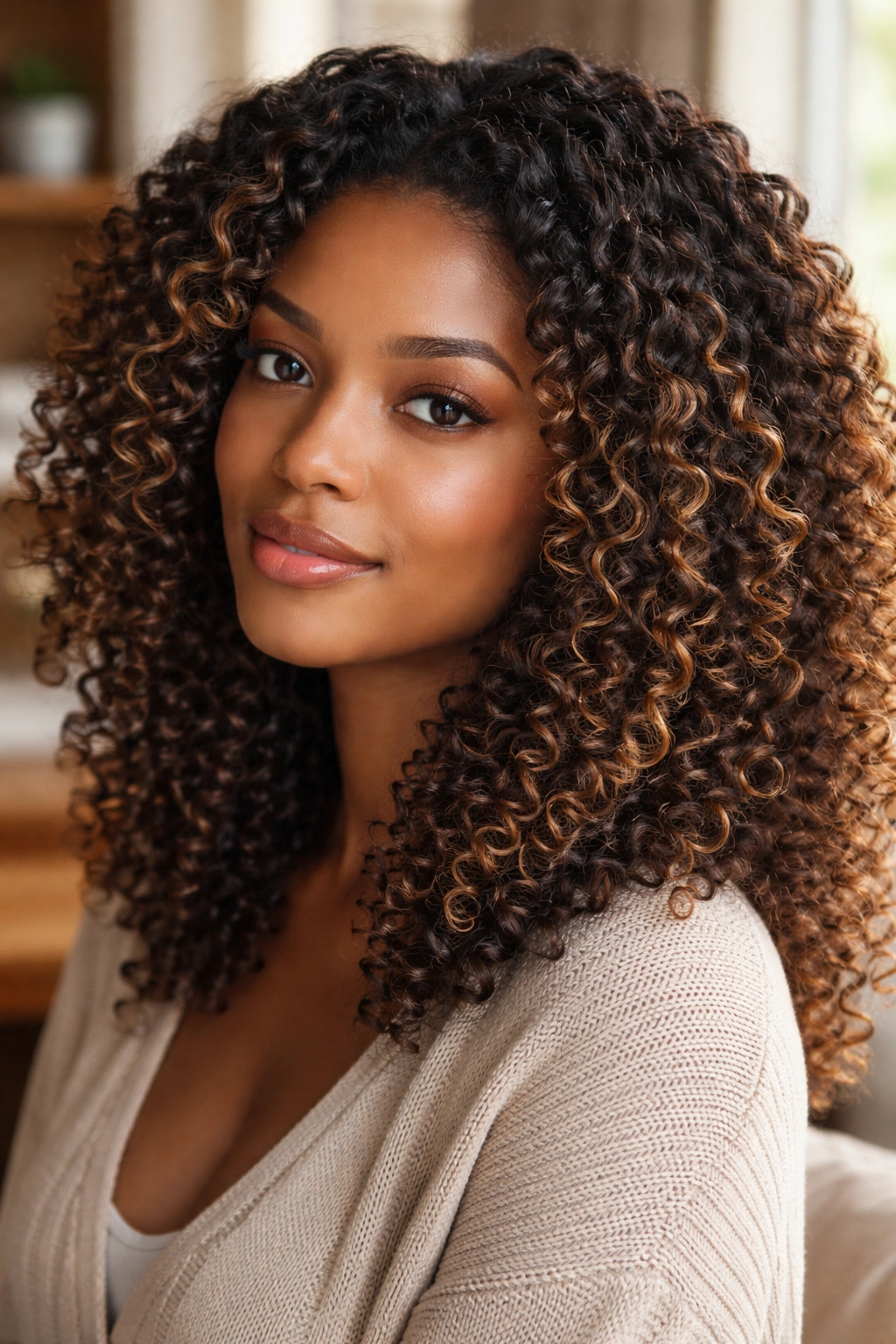 Close-up portrait of a real person with curly hair featuring balayage highlights