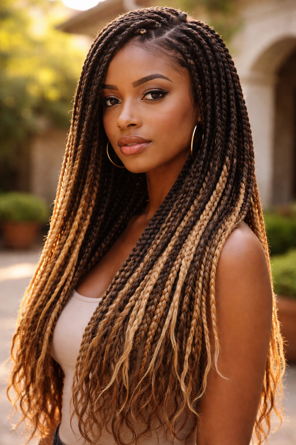 Portrait of a person with protective style and balayage extensions