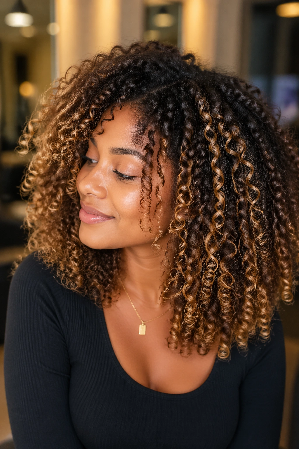 Close-up of curly hair with balayage gradient and defined highlight streaks on a real person